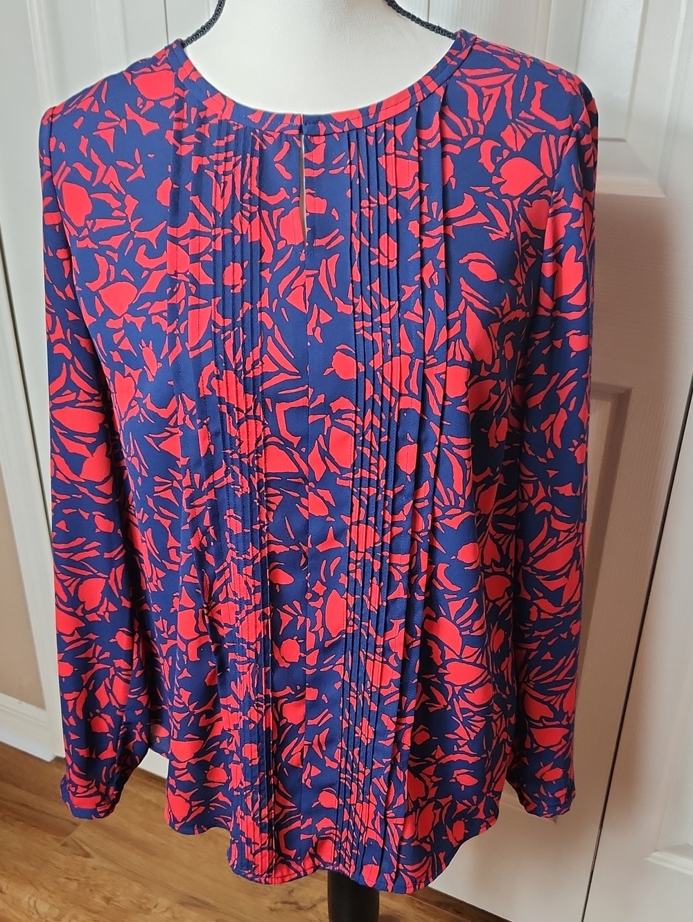 Talbots Navy Blouse with Coral Floral Print, Size Med